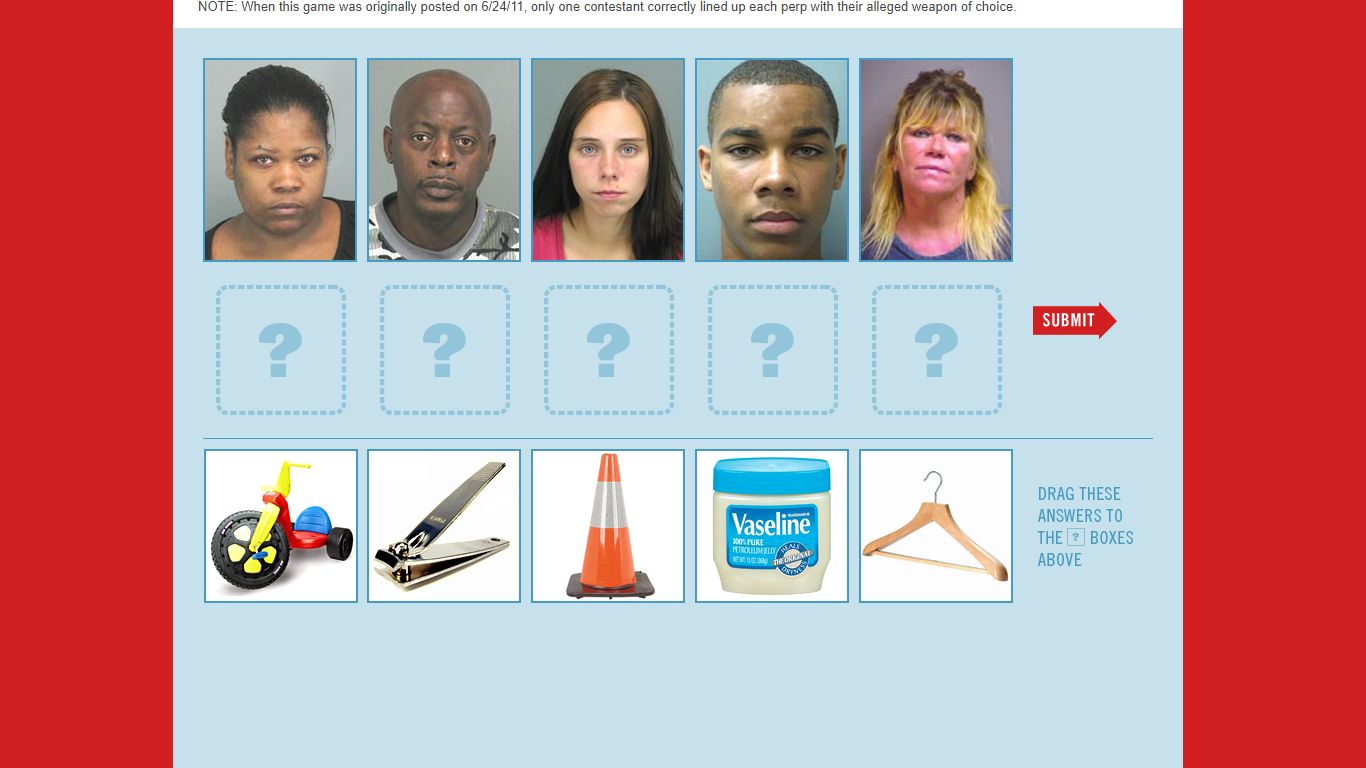 Match the assault arrestee with their alleged weapon.